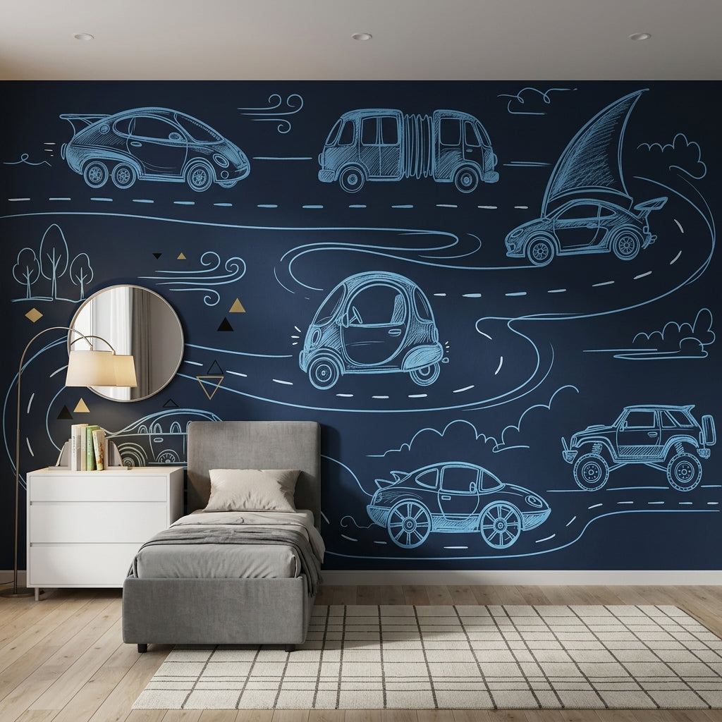 Chalkboard Wallpaper Line Art Cars Removable Wall Decor