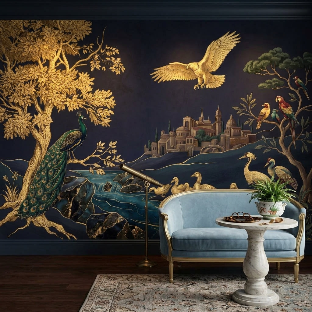 Ornate Landscape Mural Wallpaper Dark Navy Background Gold Foil Removable Wall Decor