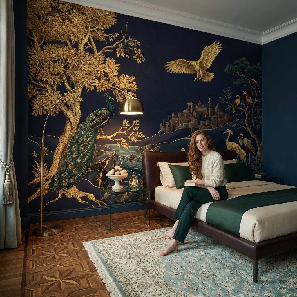 Ornate Landscape Mural Wallpaper Dark Navy Background Gold Foil Removable Wall Decor