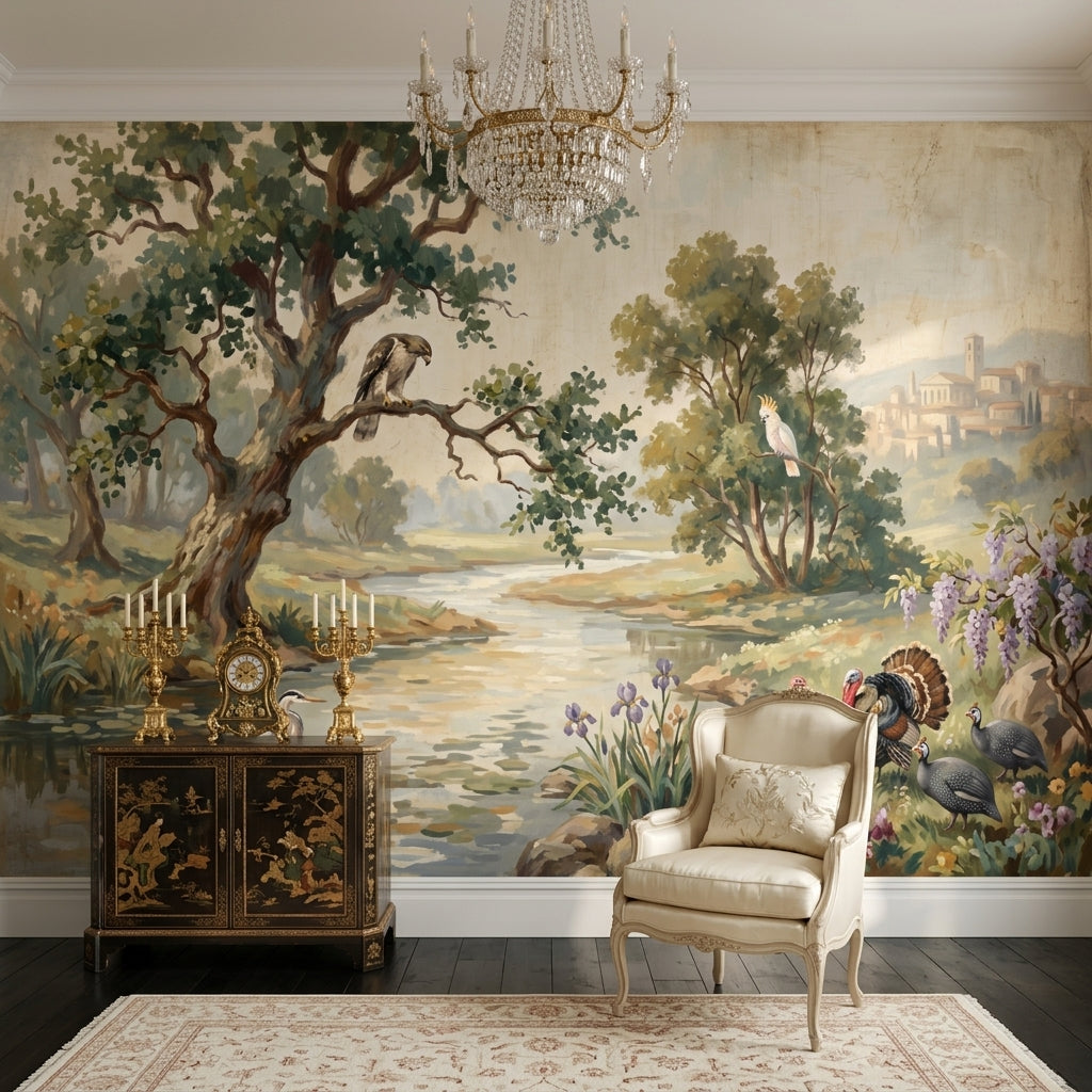 Pastoral Landscape Wallpaper River Scene Vintage Mural Wall Mural