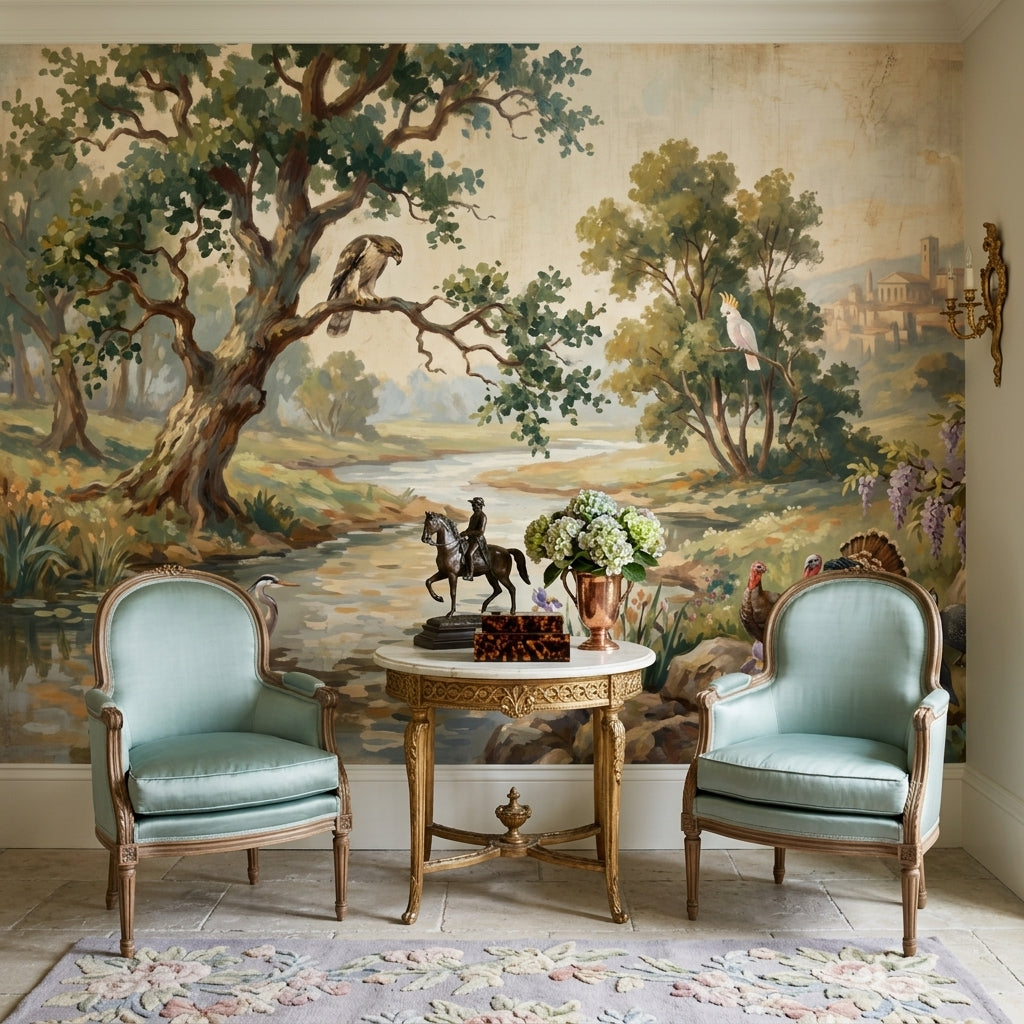 Pastoral Landscape Wallpaper River Scene Vintage Mural Wall Mural