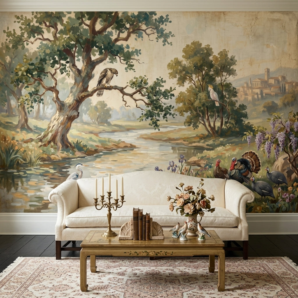 Pastoral Landscape Wallpaper River Scene Vintage Mural Wall Mural