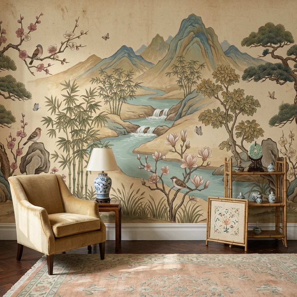 East Asian Landscape Wallpaper Mountains Removable River Wall Decor