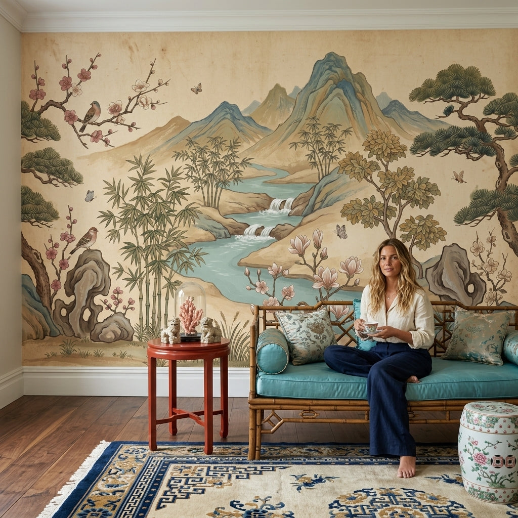 East Asian Landscape Wallpaper Mountains Removable River Wall Decor