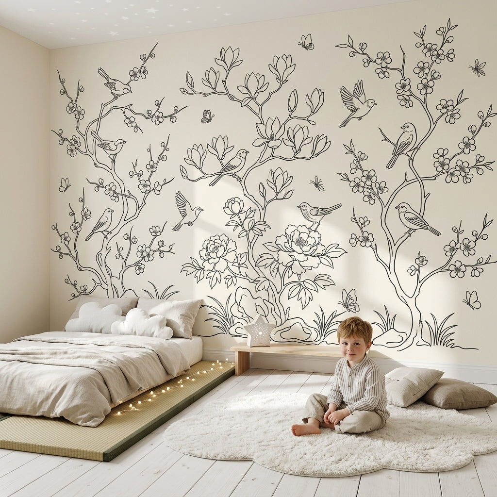 Floral Branches Wallpaper Birds Blossoms Removable Wall Decor
