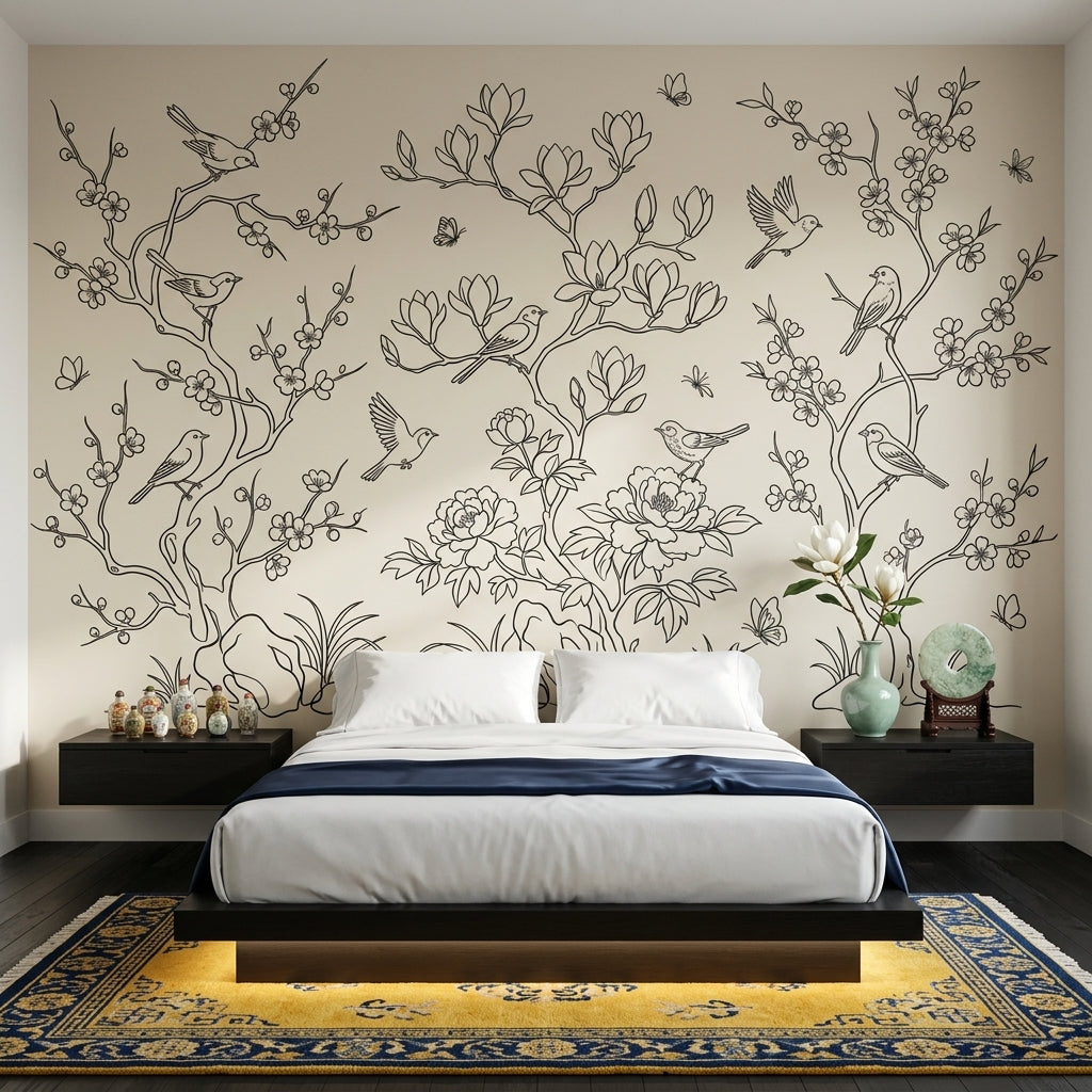 Floral Branches Wallpaper Birds Blossoms Removable Wall Decor
