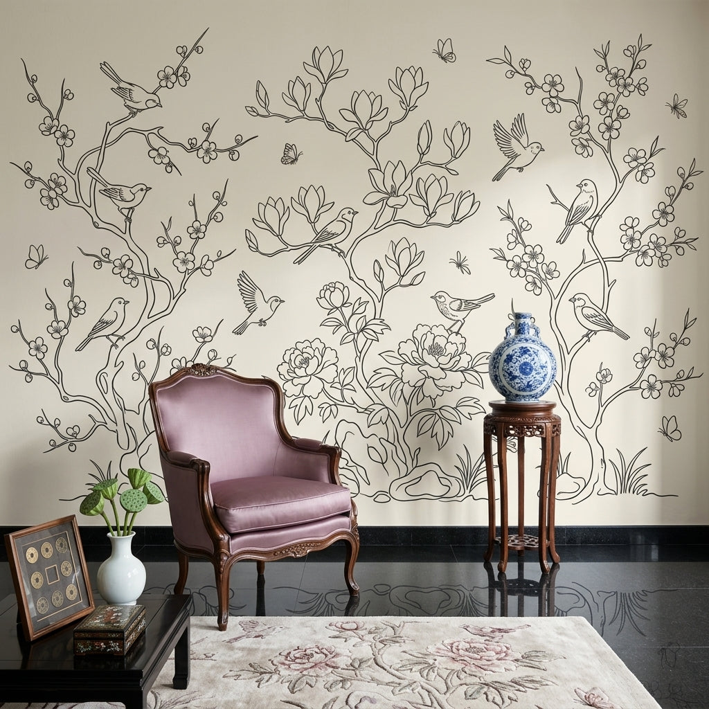 Floral Branches Wallpaper Birds Blossoms Removable Wall Decor