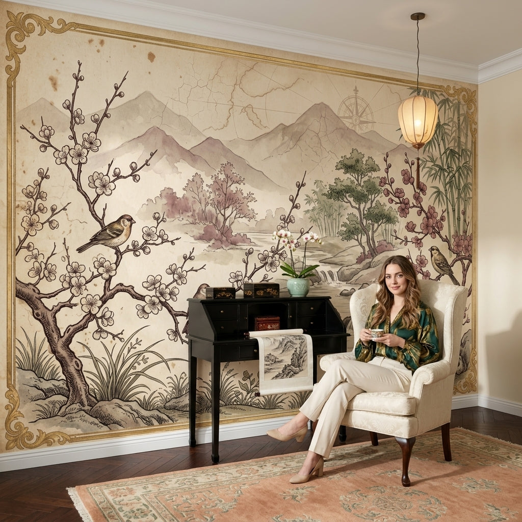 Asian Landscape Wallpaper Parchment Cherry Blossoms Wall Mural