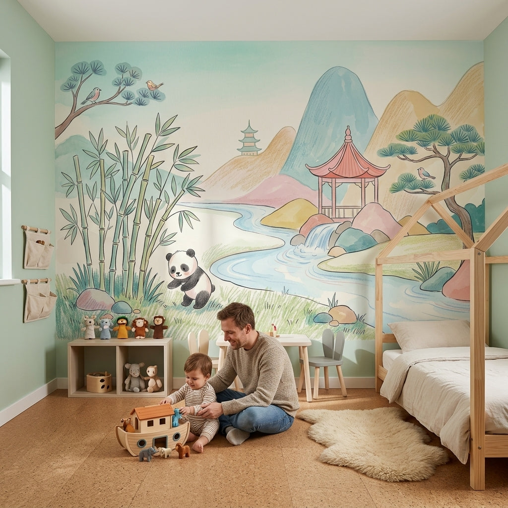Asian Landscape Wallpaper Panda Removable Watercolor Wall Decor