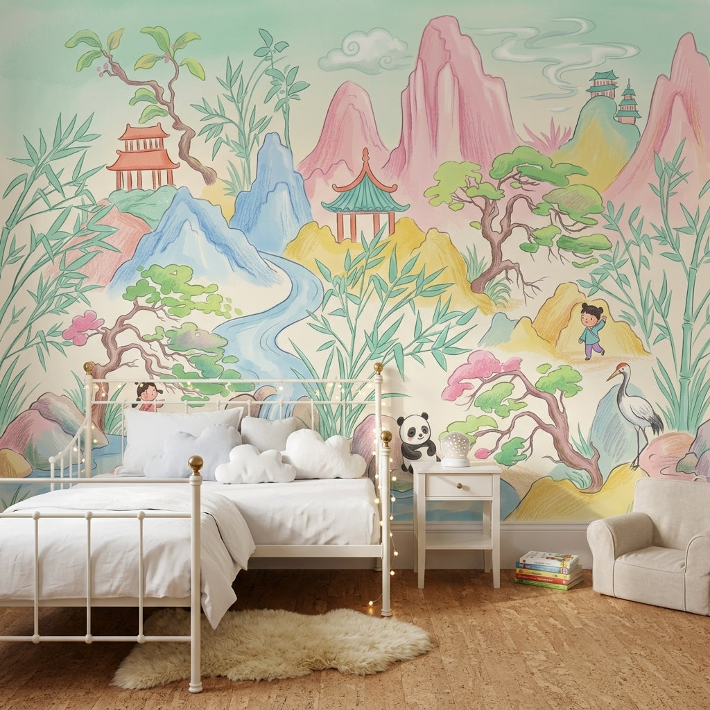 Pastel Landscape Wallpaper Oriental Chinoiserie Pagoda Pavilion Removable Wall Decor