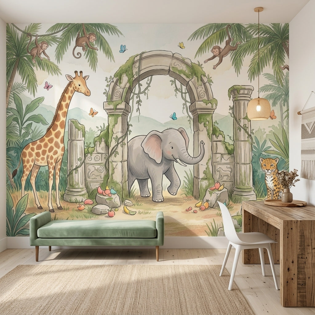 Tropical Jungle Wallpaper Green Foliage Stone Ruins Arch Removable Wall Decor