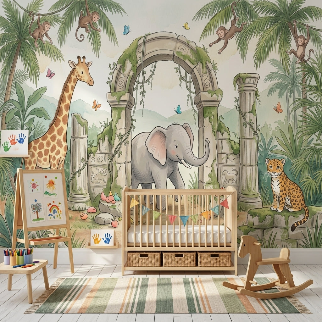 Tropical Jungle Wallpaper Green Foliage Stone Ruins Arch Removable Wall Decor