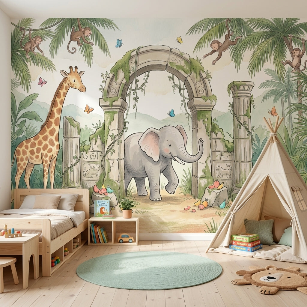 Tropical Jungle Wallpaper Green Foliage Stone Ruins Arch Removable Wall Decor