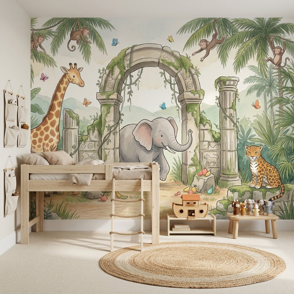 Tropical Jungle Wallpaper Green Foliage Stone Ruins Arch Removable Wall Decor