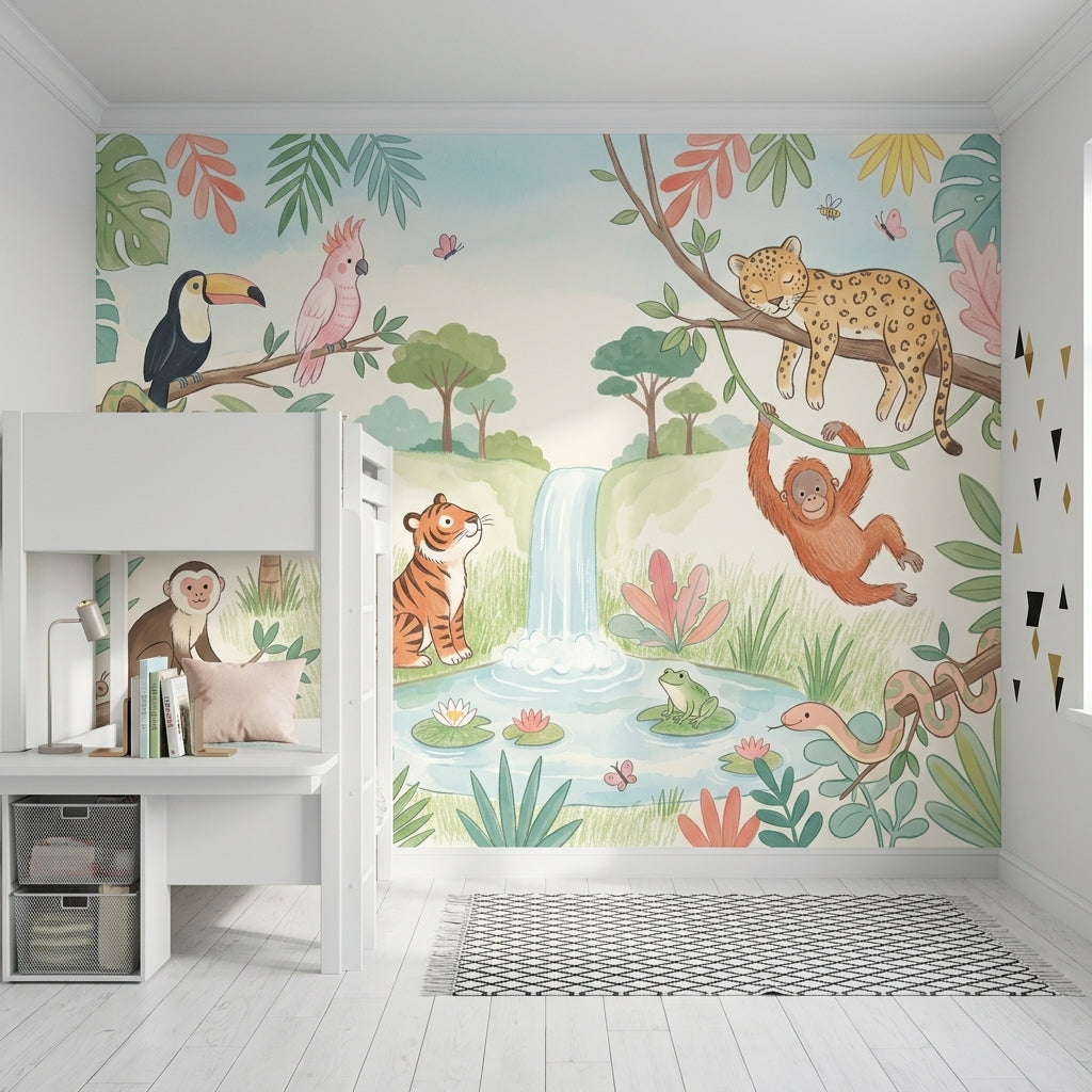 Tropical Jungle Wallpaper Waterfall Pond Pastel Watercolor Wall Mural