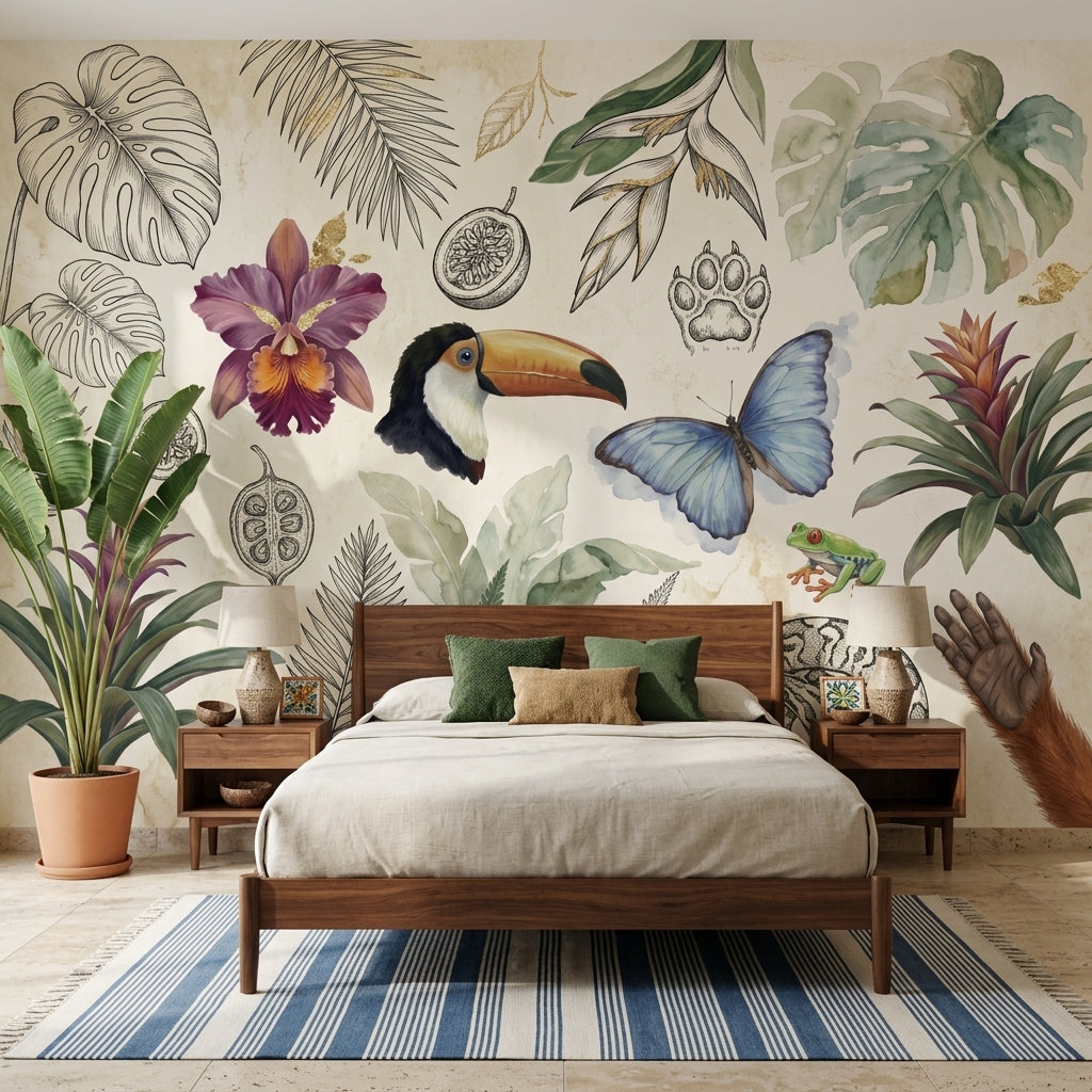 Tropical Wallpaper Toucan Blue Butterfly Wall Mural