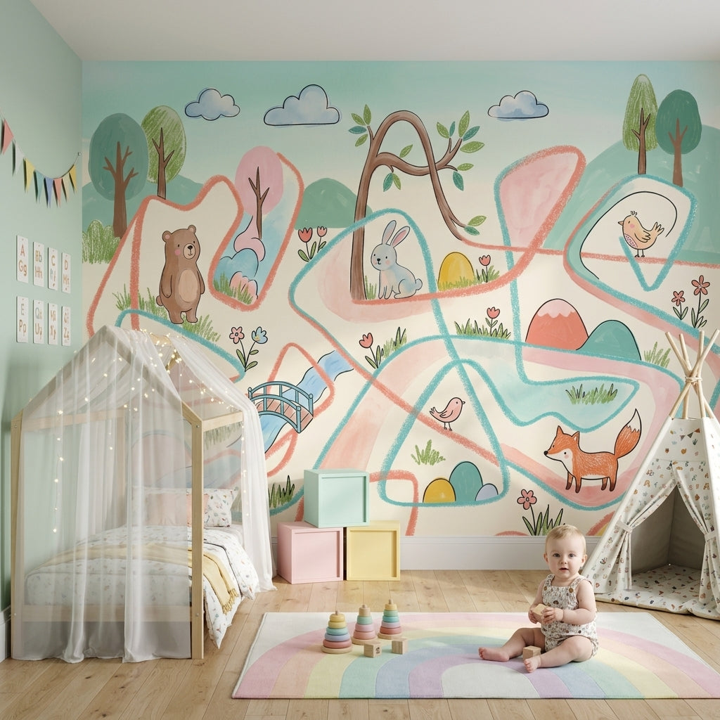 Woodland Animals Wallpaper Pastel Whimsical Removable Wall Decor