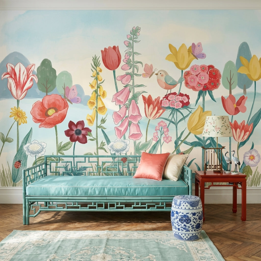 Pastel Butterflies Wallpaper Wildflower Meadow Watercolor Removable Wall Decor