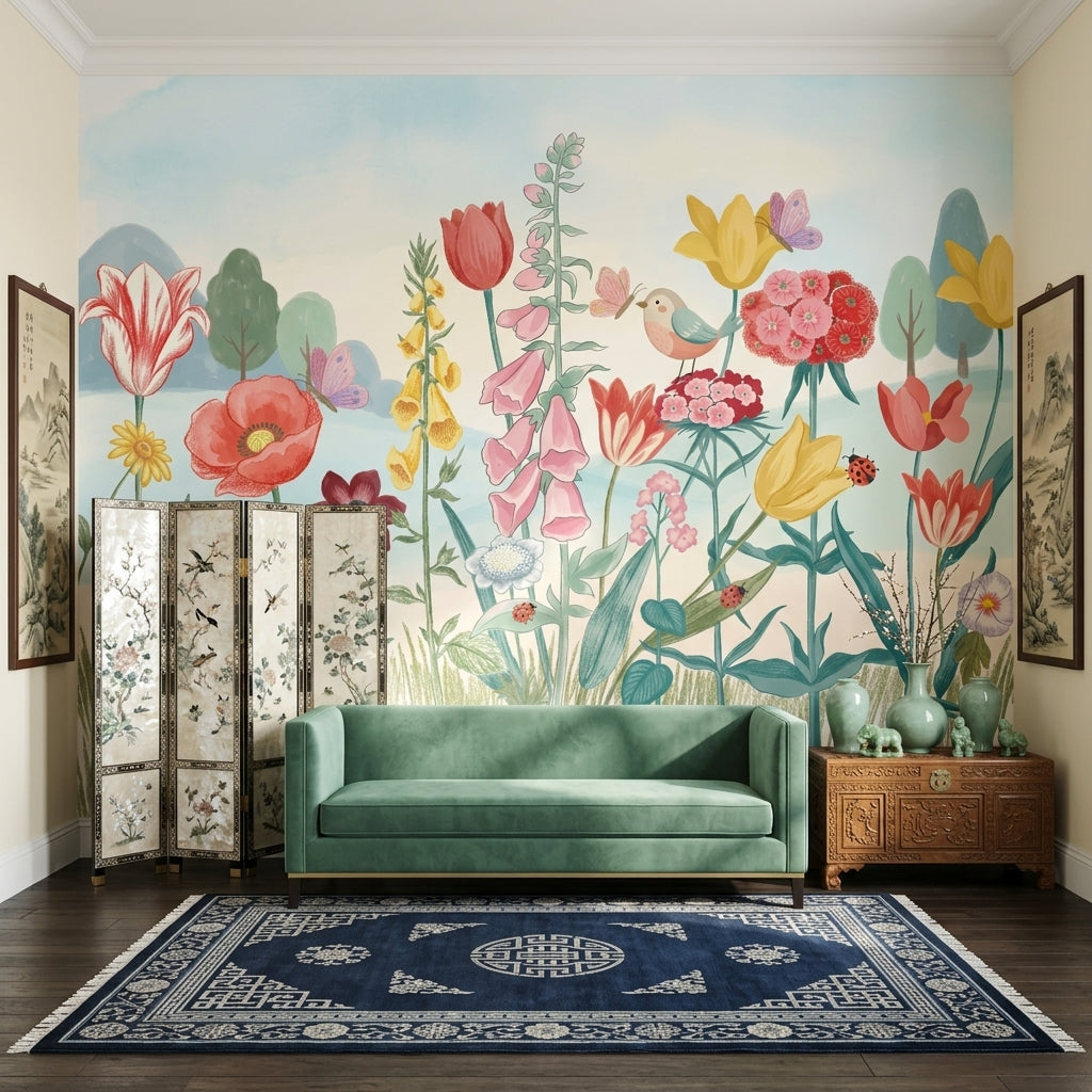 Pastel Butterflies Wallpaper Wildflower Meadow Watercolor Removable Wall Decor