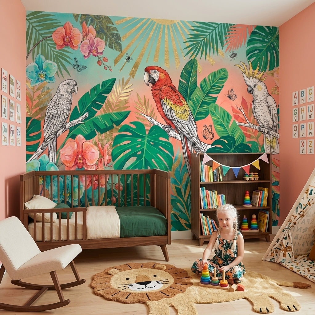Tropical Wallpaper Botanical Parrots Wall Mural
