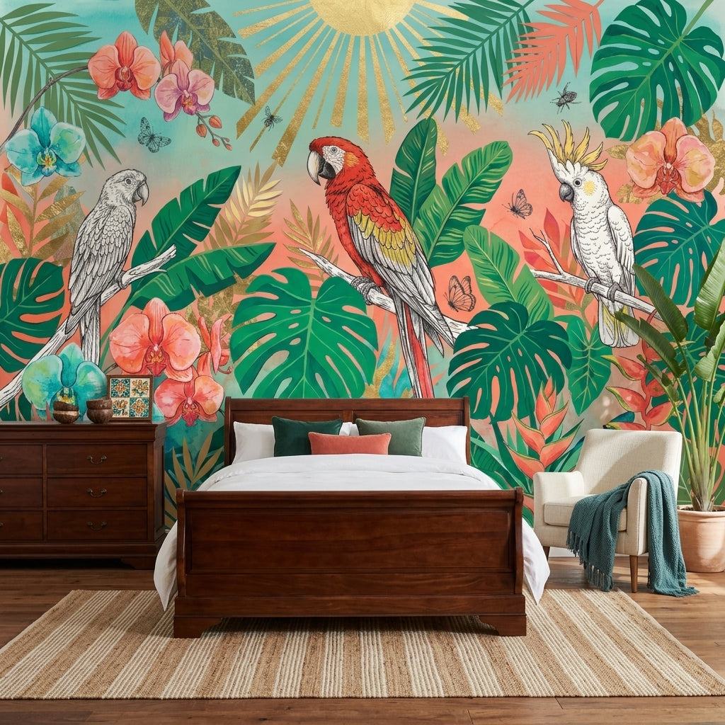 Tropical Wallpaper Botanical Parrots Wall Mural