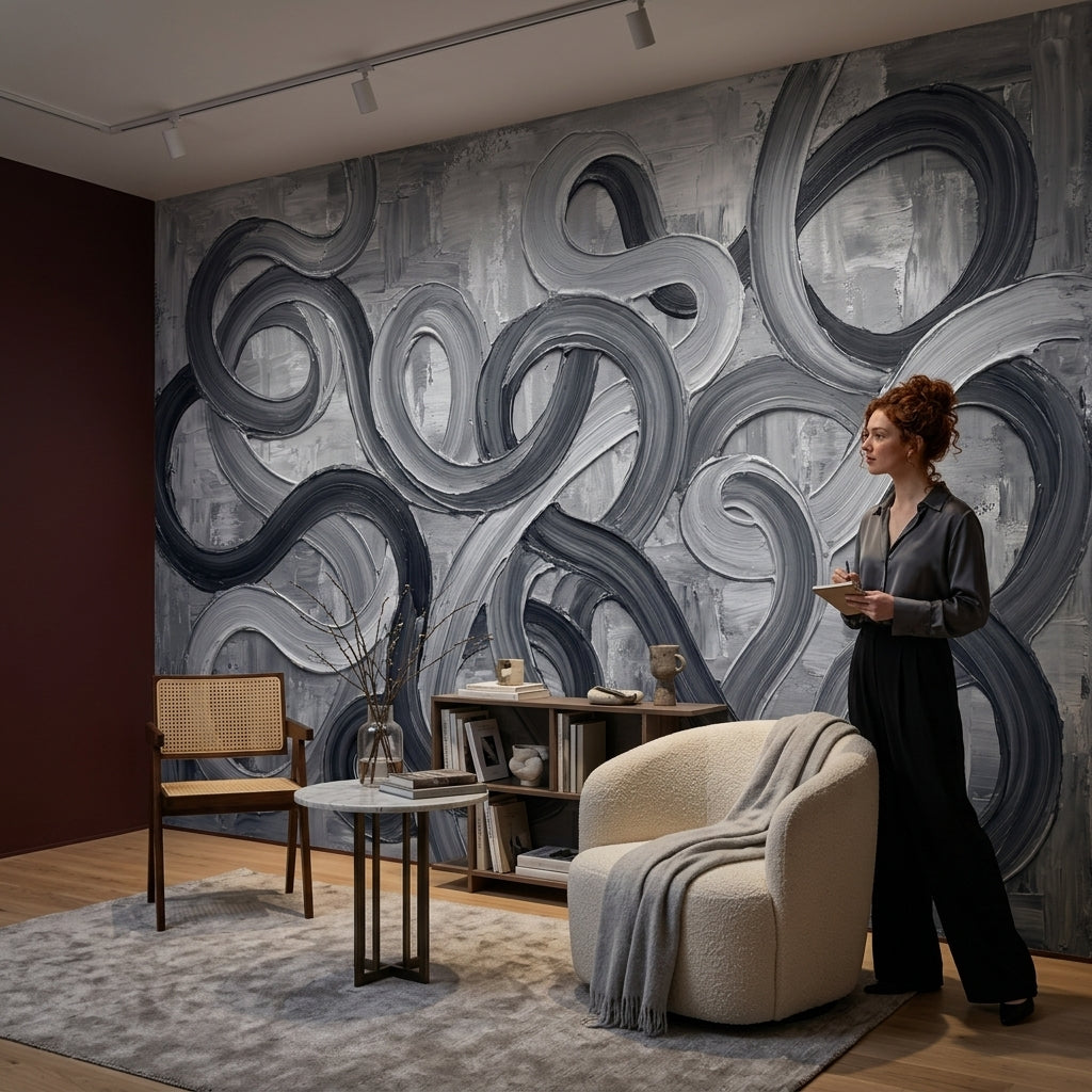 Looping Curves Wallpaper Abstract Removable Charcoal Wall Decor