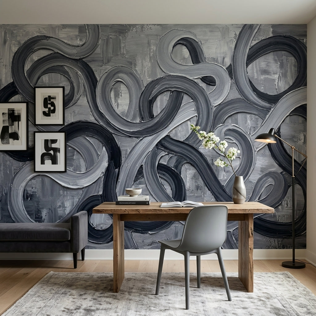 Looping Curves Wallpaper Abstract Removable Charcoal Wall Decor