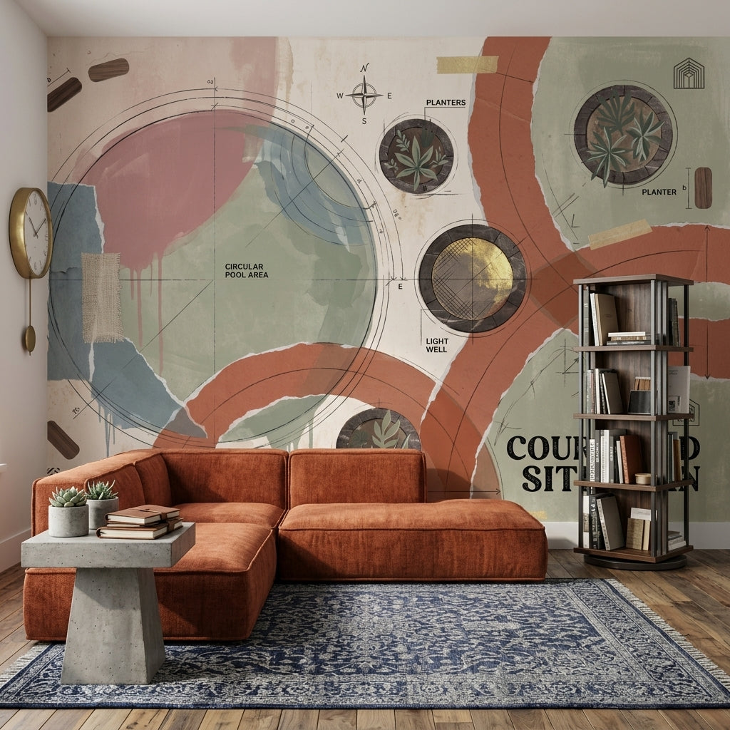Courtyard Site Plan Wallpaper Architectural Blueprint Abstract Geometric Removable Wall Decor