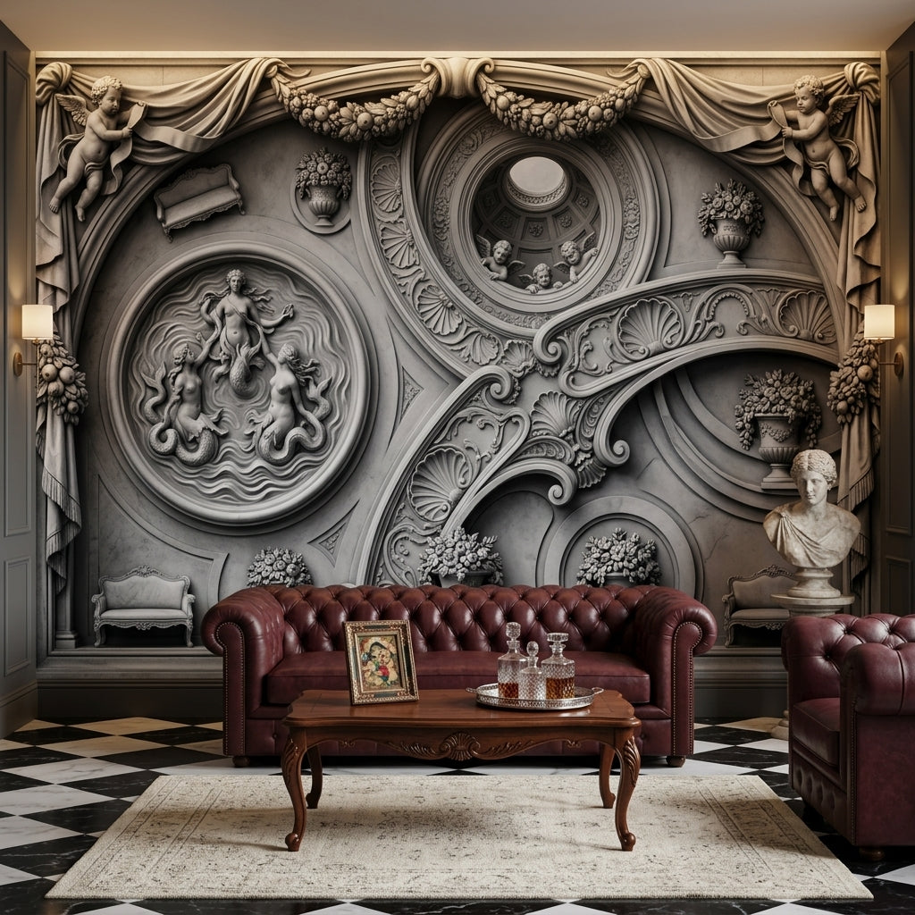 Classical Relief Wallpaper Baroque Scrollwork Cherubs Wall Mural