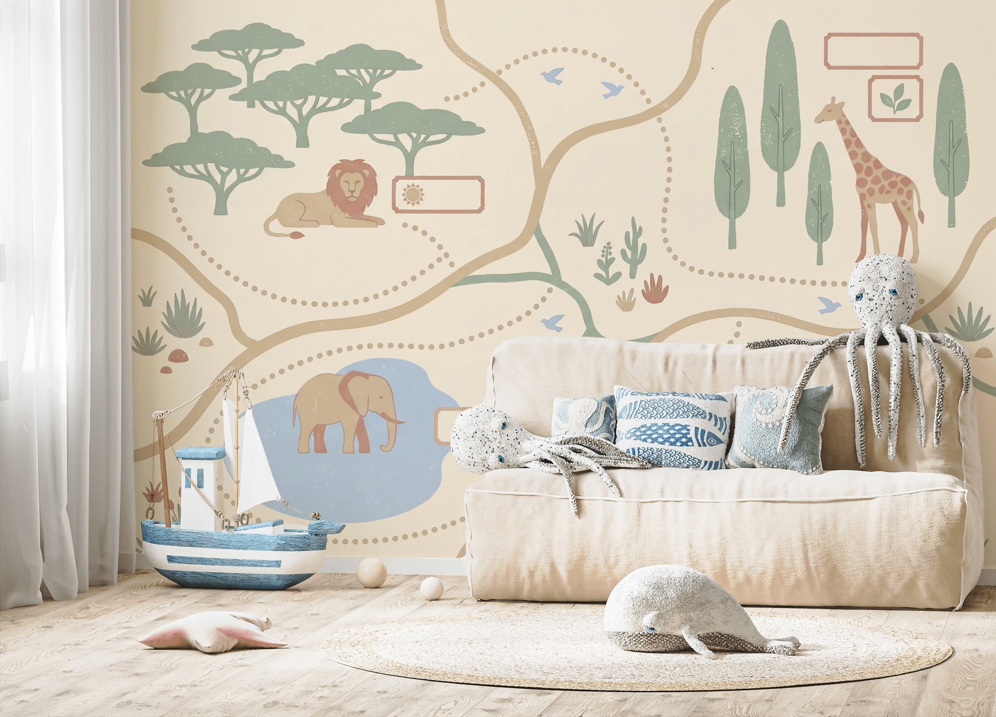 Safari Wallpaper Animal Map Removable Savanna Landscape Wall Decor