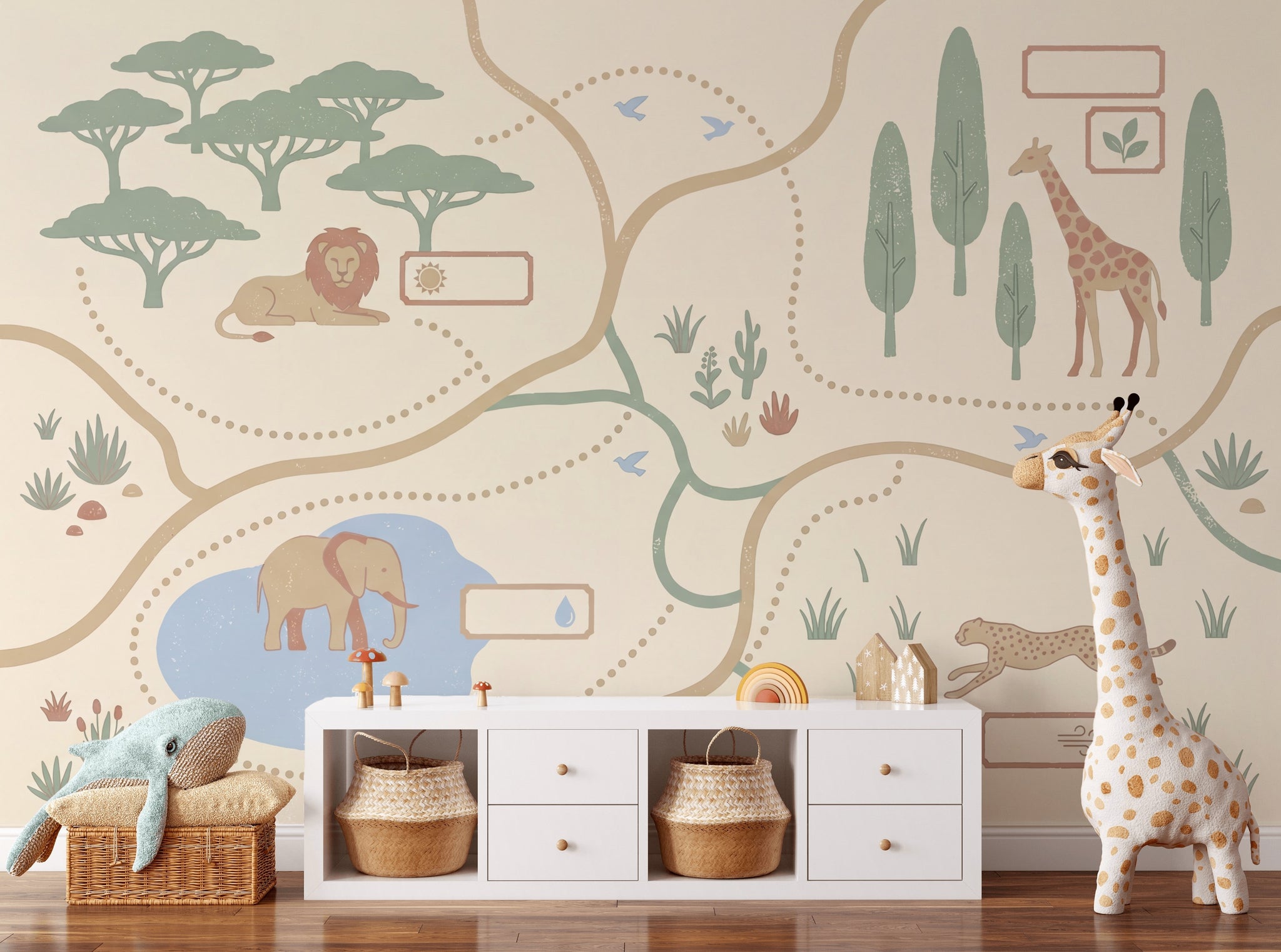 Safari Wallpaper Animal Map Removable Savanna Landscape Wall Decor