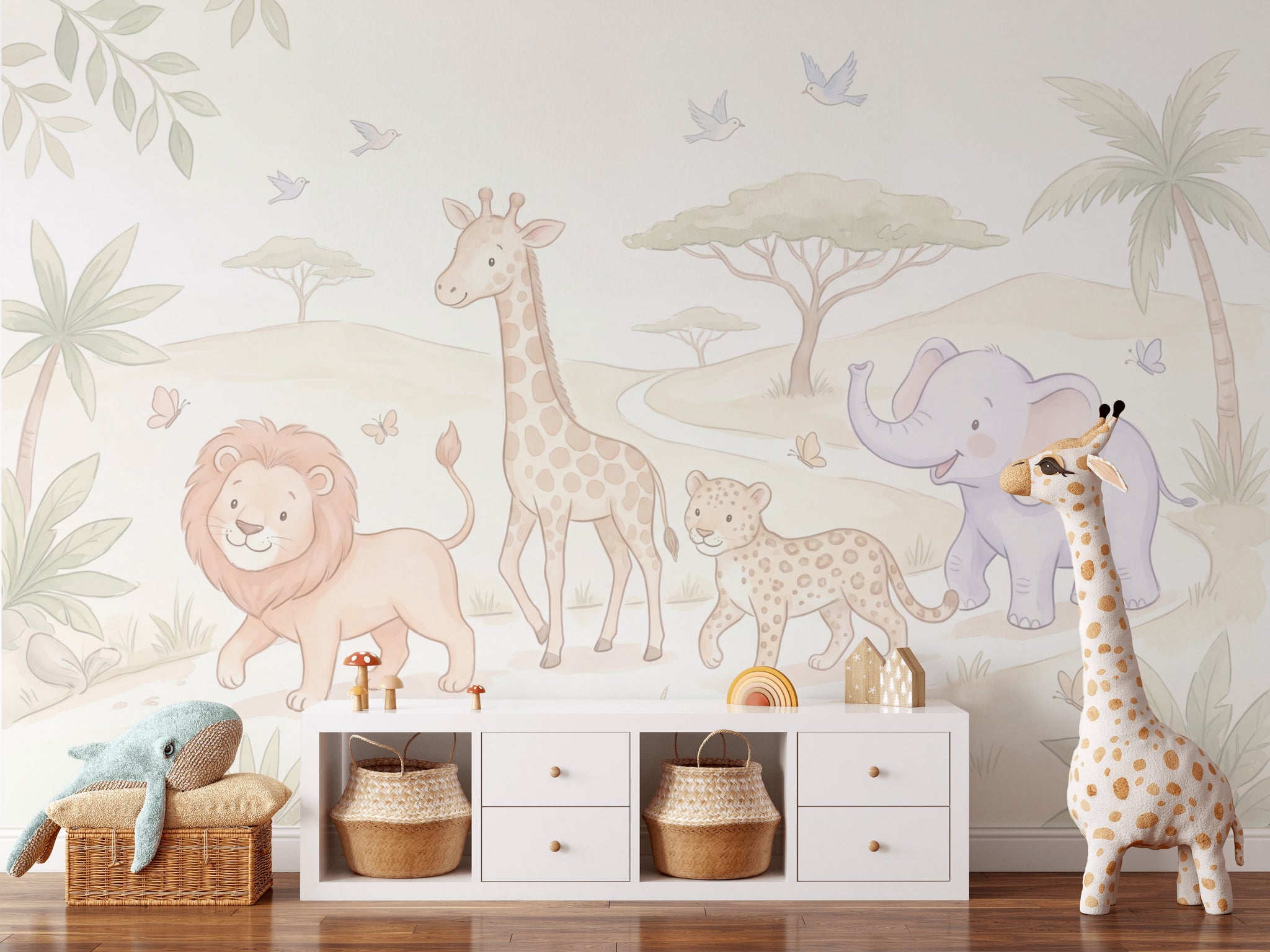 White Background Wallpaper Nursery Safari Wall Mural