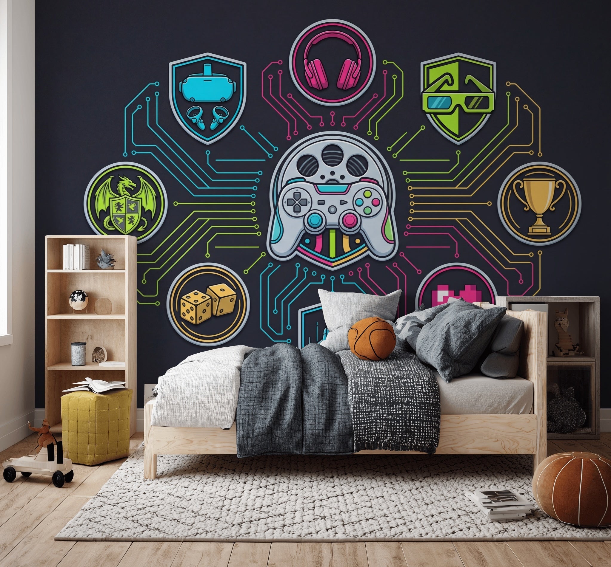 Gaming Wallpaper Neon Circuits Removable Futuristic Wall Decor