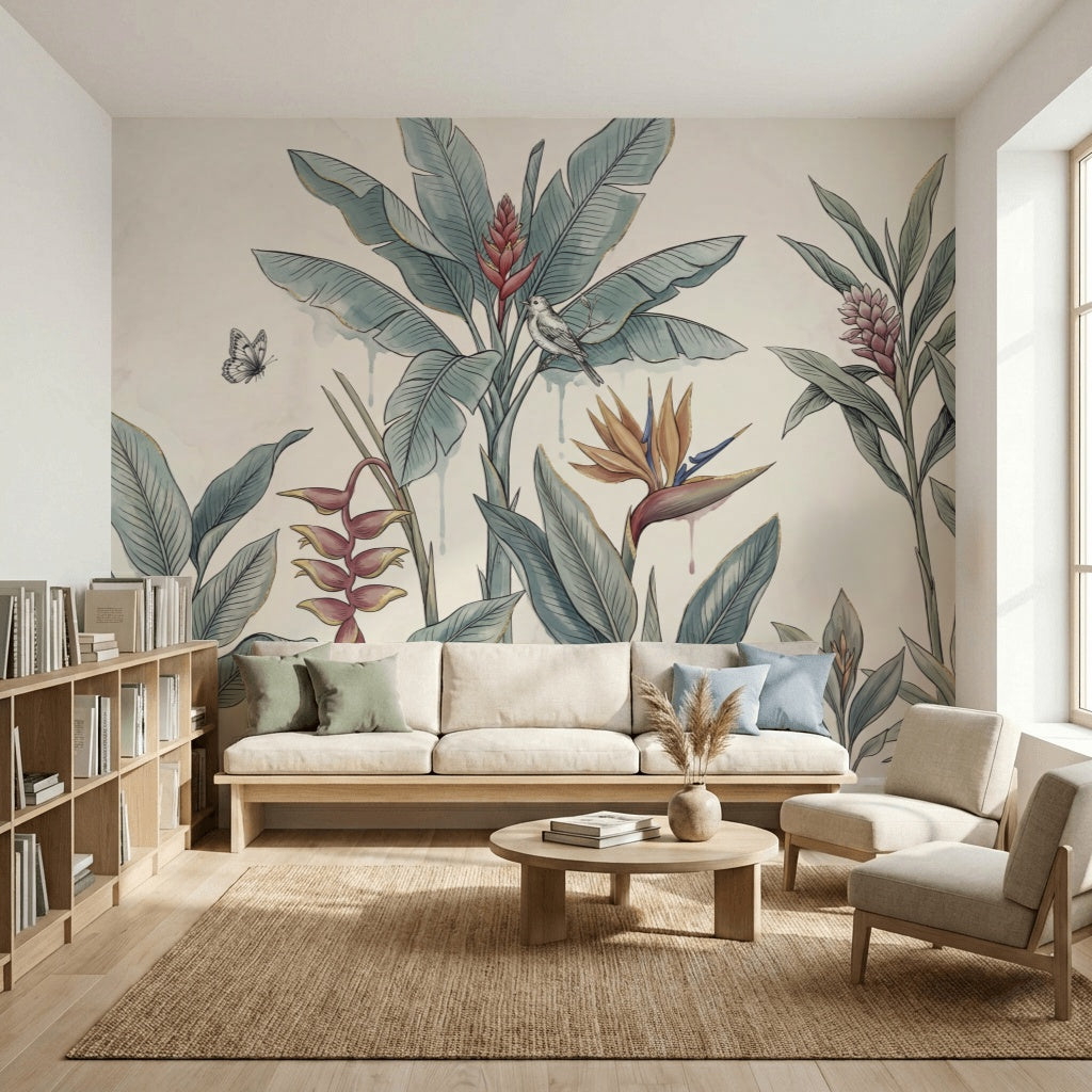 Tropical Botanical Wallpaper Watercolor Illustration Banana Leaves Wall Mural