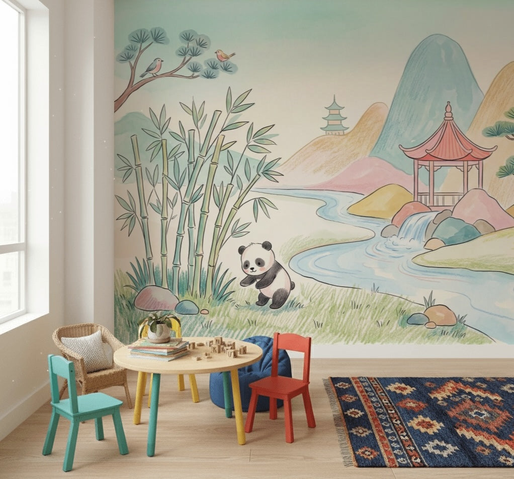 Asian Landscape Wallpaper Panda Removable Watercolor Wall Decor