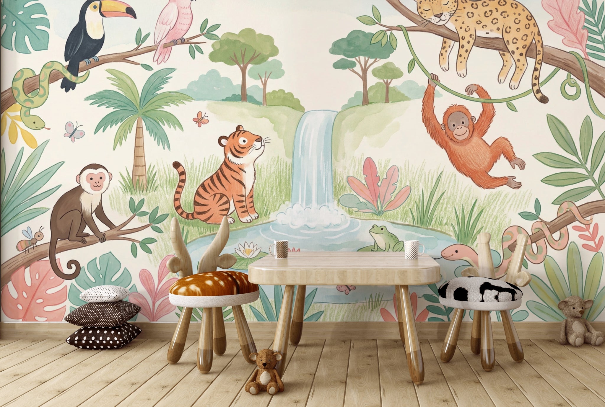 Tropical Jungle Wallpaper Waterfall Pond Pastel Watercolor Wall Mural