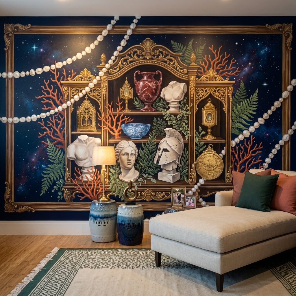 Navy Starry Sky Wallpaper Ornate Gold Frame Removable Classical Statues Wall Decor