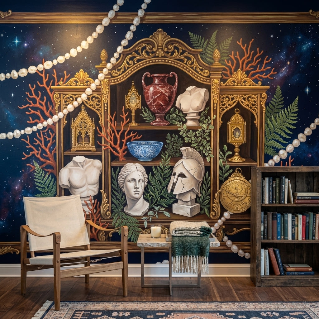 Navy Starry Sky Wallpaper Ornate Gold Frame Removable Classical Statues Wall Decor