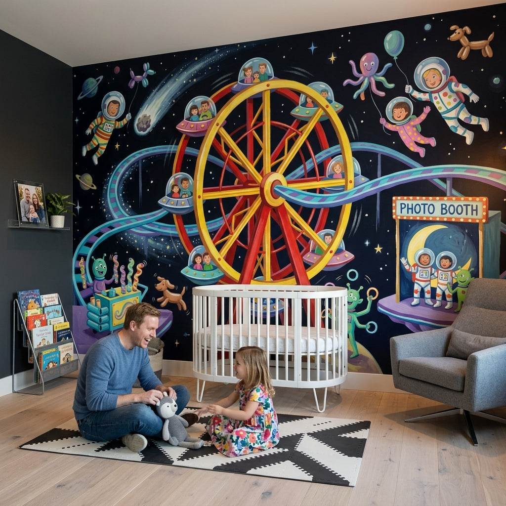 Space Carnival Wallpaper Ferris Wheel Removable Cartoon Astronauts Wall Decor