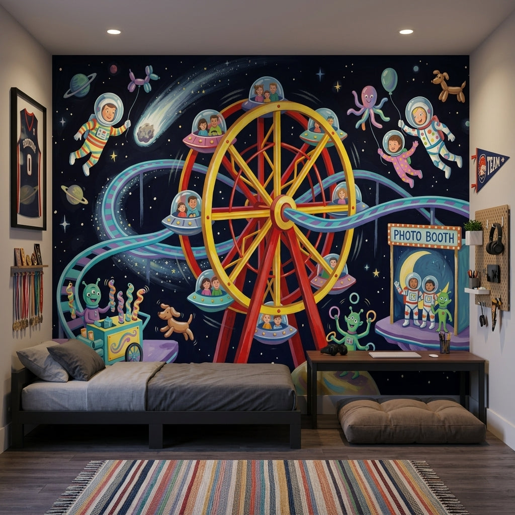 Space Carnival Wallpaper Ferris Wheel Removable Cartoon Astronauts Wall Decor