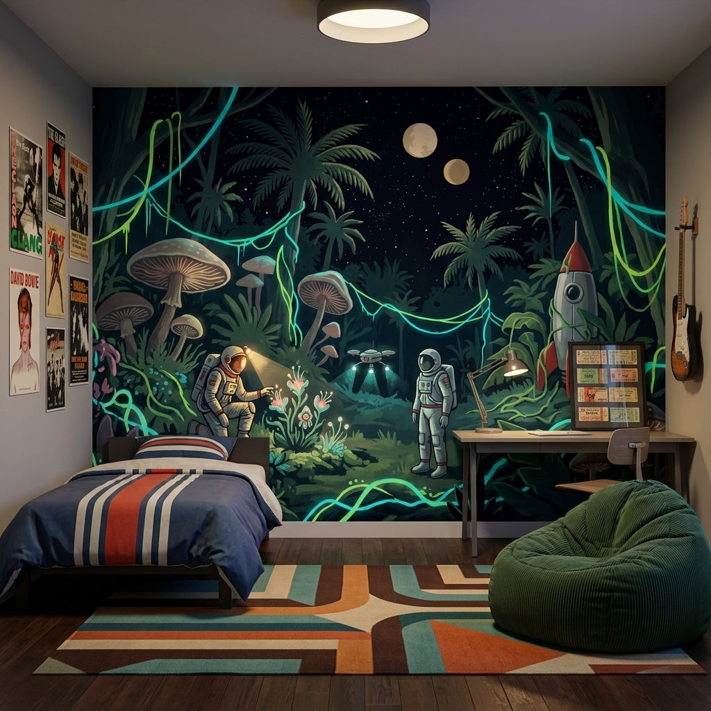 Night Jungle Wallpaper Astronauts Rocket Ship Removable Wall Decor
