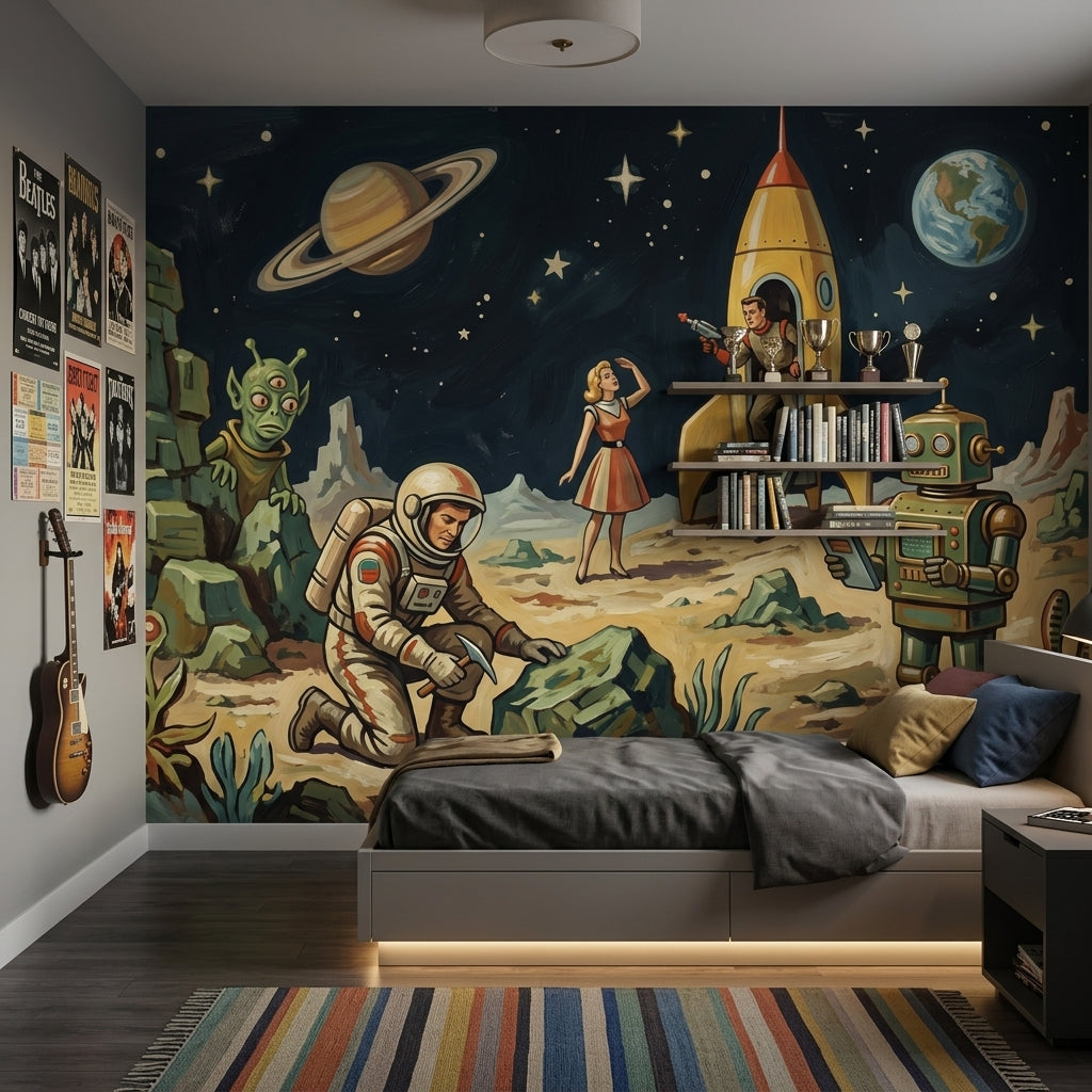 Retro Sci Fi Wallpaper Space Landscape Rocket Ship Removable Wall Decor