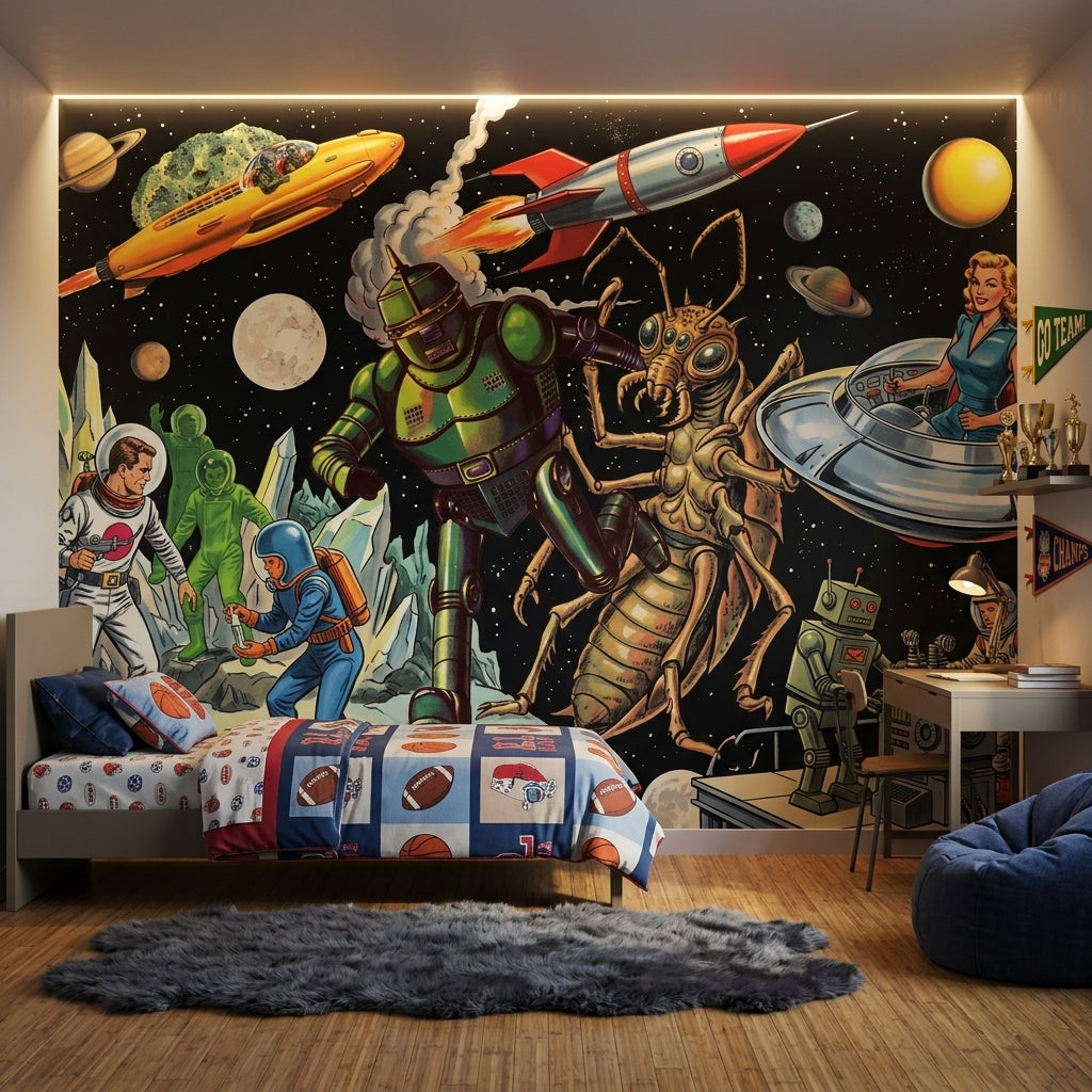 Retro Sci Fi Wallpaper Outer Space Robots Removable Wall Decor