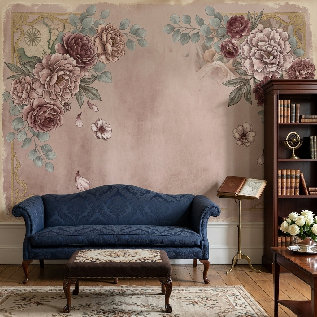 Vintage Floral Wallpaper Peony Roses Faded Map Wall Mural