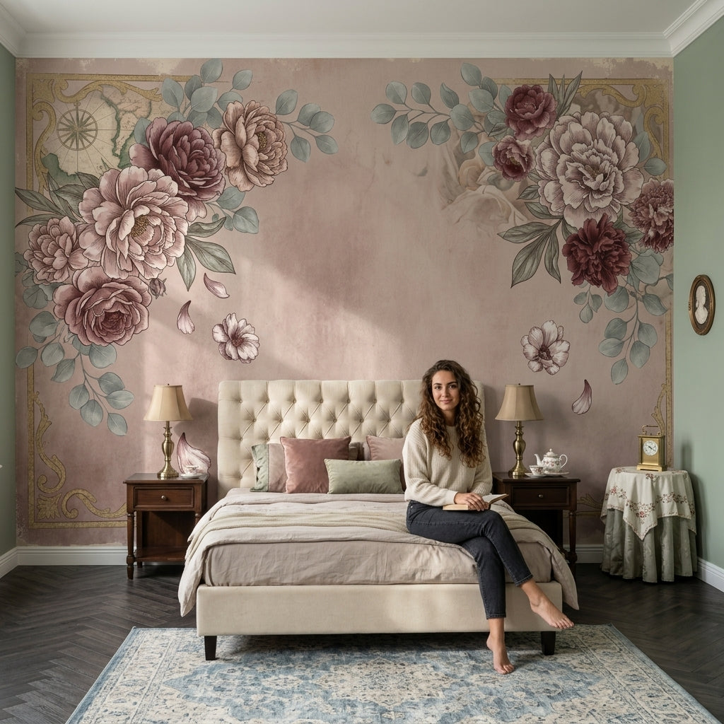 Vintage Floral Wallpaper Peony Roses Faded Map Wall Mural