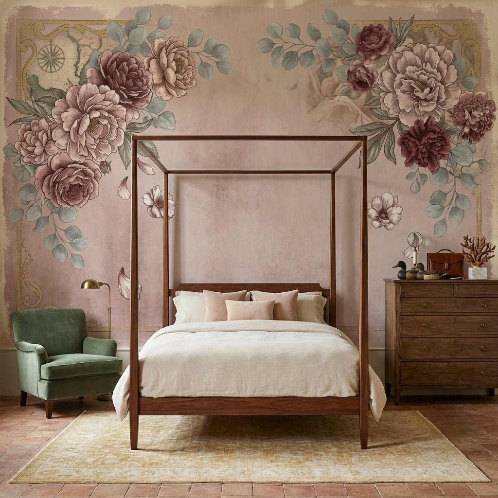 Vintage Floral Wallpaper Peony Roses Faded Map Wall Mural