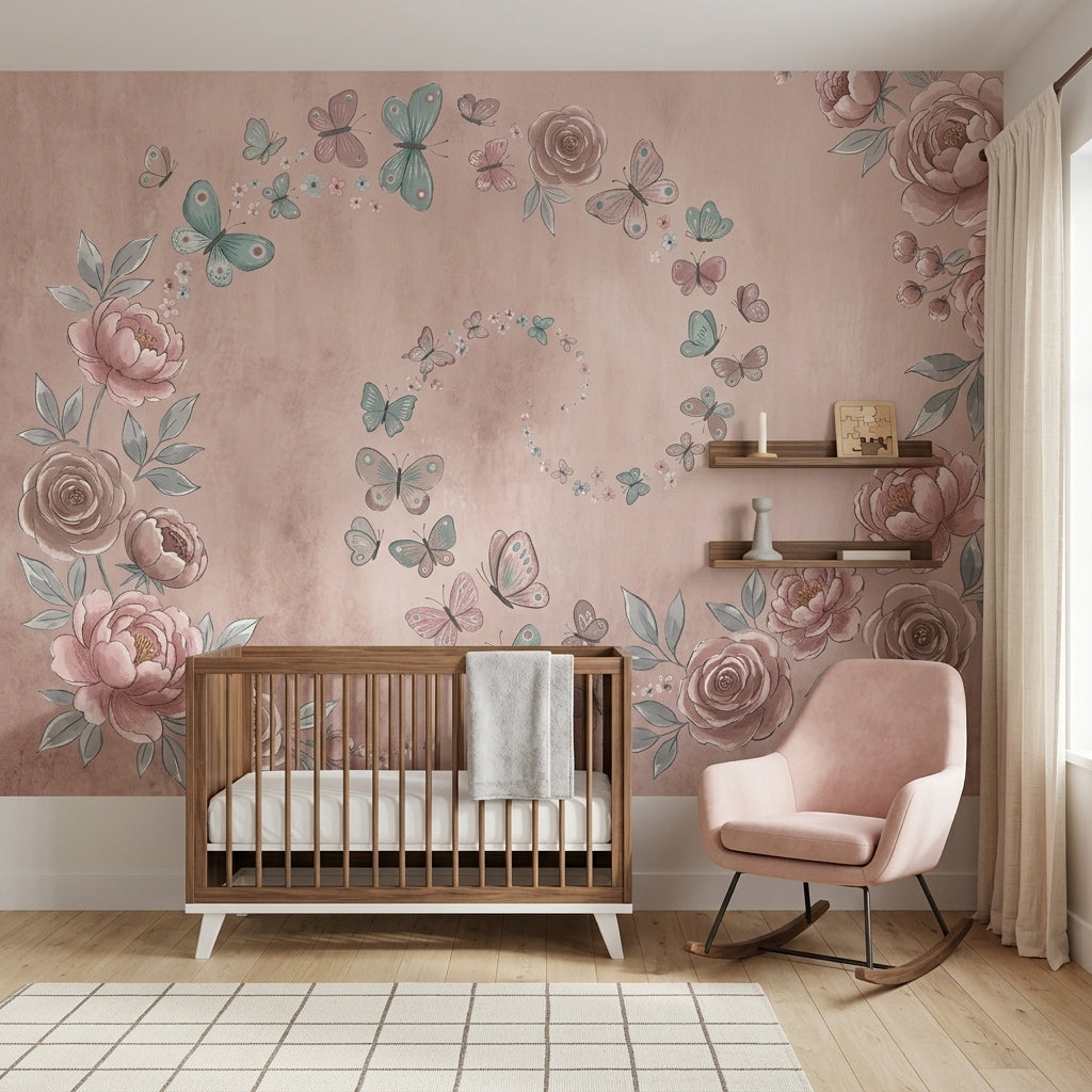 Peonies Wallpaper Butterflies Watercolor Removable Wall Decor