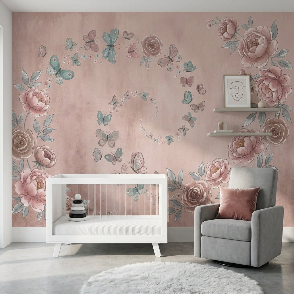 Peonies Wallpaper Butterflies Watercolor Removable Wall Decor