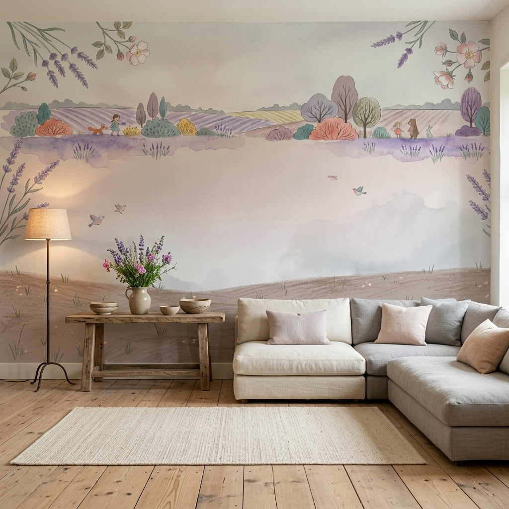 Lavender Fields Wallpaper Pastel Watercolor French Countryside Wall Mural