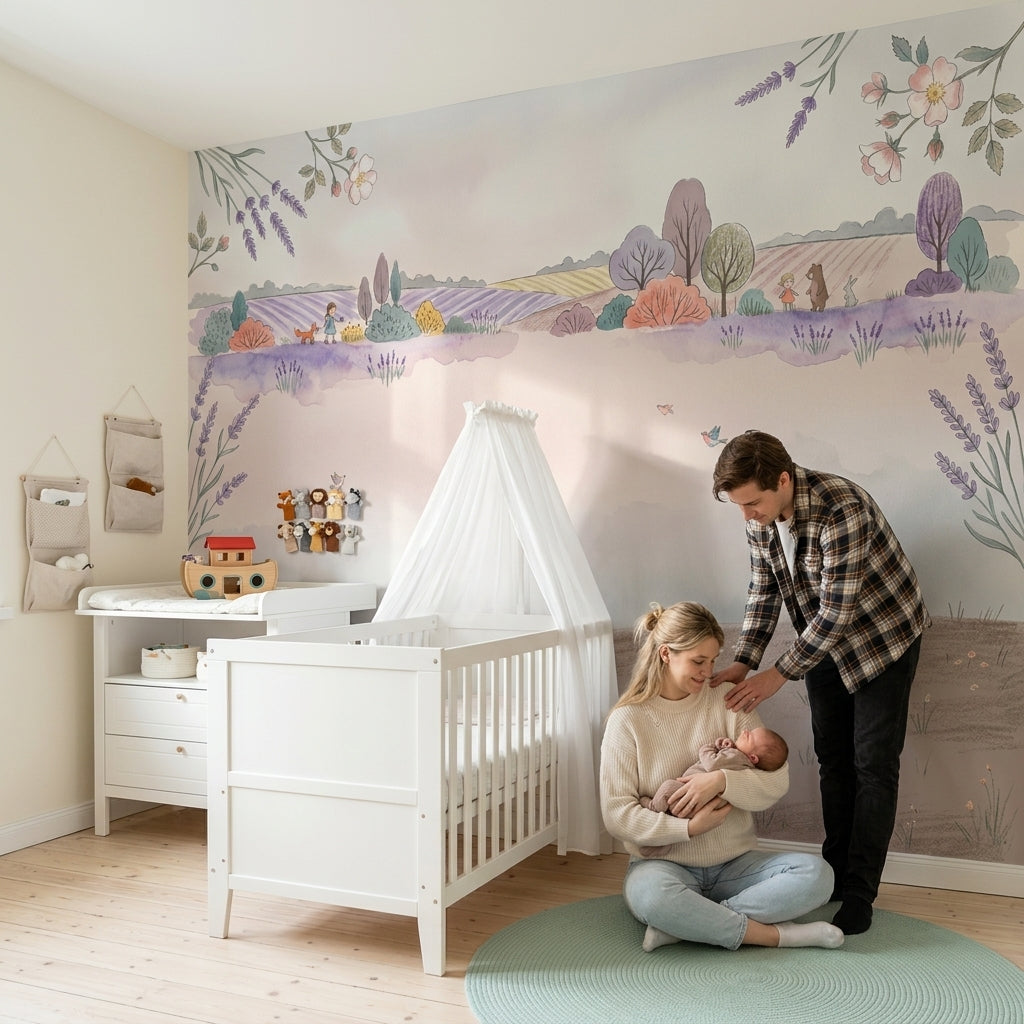 Lavender Fields Wallpaper Pastel Watercolor French Countryside Wall Mural